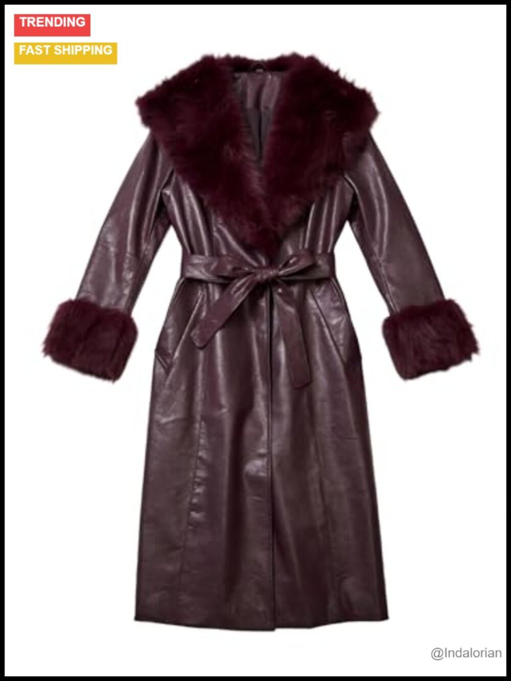Women's Faux Leather Coat with Faux Fur Collar, Long Sleeve, Belted Winter